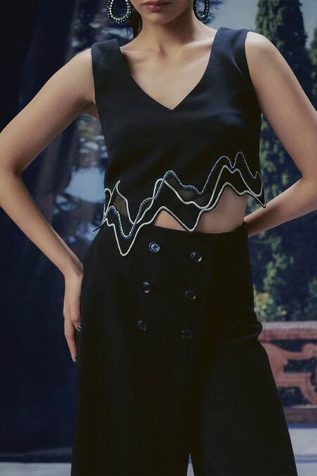 Pocket Stories_Black Microfiber V-neck Nightfall Reverse Vest And Pant Set _Online_at_Aza_Fashions