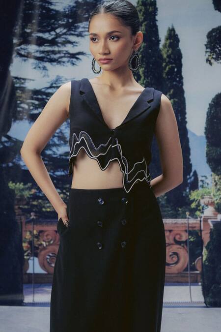 Shop_Pocket Stories_Black Microfiber V-neck Nightfall Reverse Vest And Pant Set _Online_at_Aza_Fashions