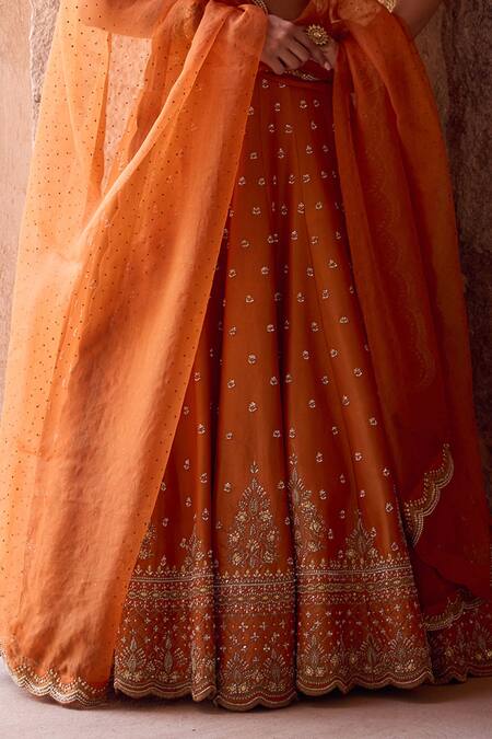Buy_Kritika Dawar_Orange Tissue, Silk Organza Embroidery, Sequins V-neck Rust Lehenga Set _Online_at_Aza_Fashions