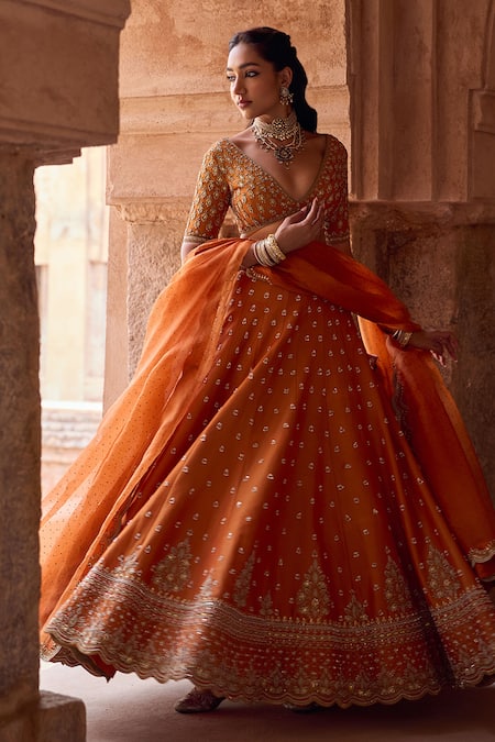 Shop_Kritika Dawar_Orange Tissue, Silk Organza Embroidery, Sequins V-neck Rust Lehenga Set _Online_at_Aza_Fashions