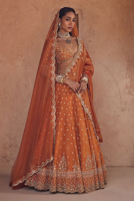 Kritika Dawar_Orange Tissue, Silk Organza Embroidery, Sequins V-neck Rust Lehenga Set _at_Aza_Fashions