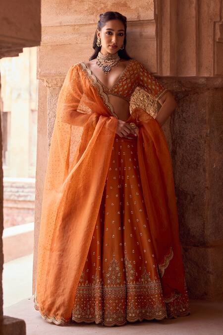 Buy_Kritika Dawar_Orange Tissue, Silk Organza Embroidery, Sequins V-neck Rust Lehenga Set 