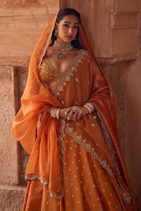 Shop_Kritika Dawar_Orange Tissue, Silk Organza Embroidery, Sequins V-neck Rust Lehenga Set 