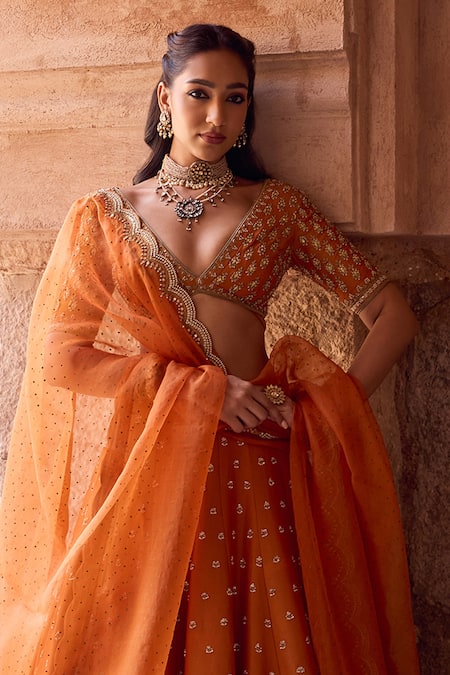 Shop_Kritika Dawar_Rust Tissue, Silk Organza Sequins, Embroidery V-neck Orange Designer Lehenga Set _Online_at_Aza_Fashions