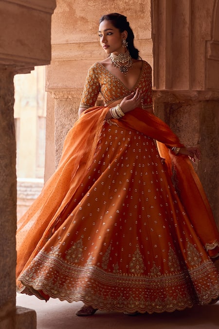 Kritika Dawar_Rust Tissue, Silk Organza Sequins, Embroidery V-neck Orange Designer Lehenga Set _at_Aza_Fashions