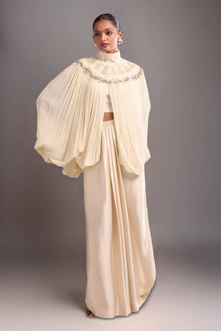 Anamika Khanna Ivory Draped Skirt & Cape Set 