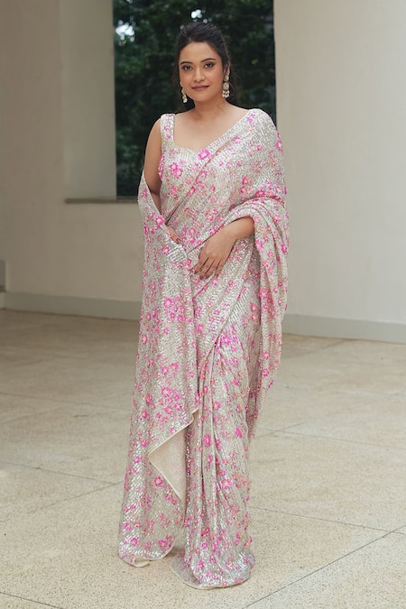 POOJA BAGARIA Flower Sequin Dream Pre-Draped Saree Set 
