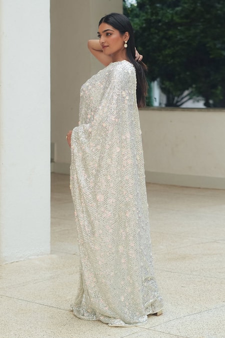 Pooja Bagaria Silver Sequins Round Neck Flower Dream Pre-draped Saree Set Online at Aza Fashions Pooja Bagaria_Silver Sequins Round Neck Flower Dream Pre-draped Saree Set _Online_at_Aza_Fashions