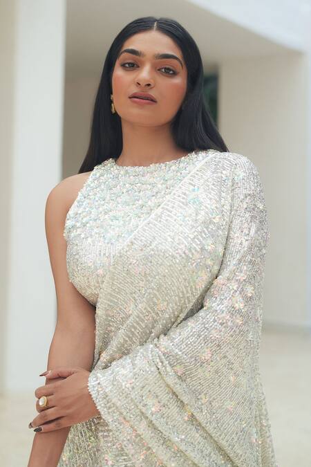 Buy Pooja Bagaria Silver Sequins Round Neck Flower Dream Pre-draped Saree Set Online at Aza Fashions Buy_Pooja Bagaria_Silver Sequins Round Neck Flower Dream Pre-draped Saree Set _Online_at_Aza_Fashions