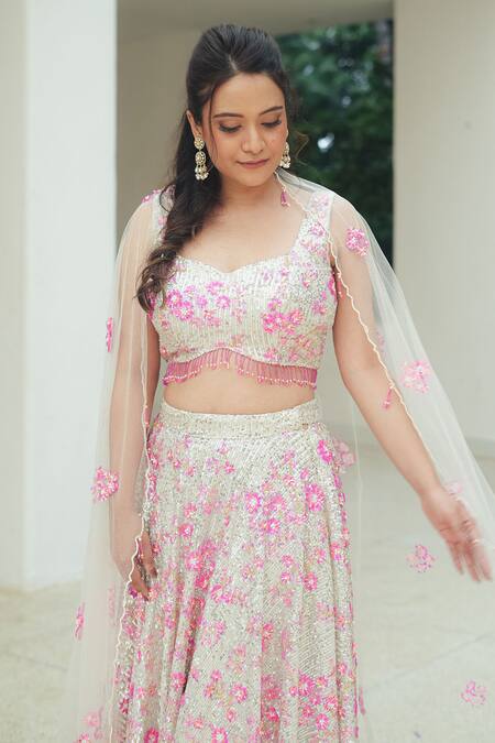 Shop_Pooja Bagaria_Pink Silk Sequins, Embroidery Sweetheart Neck Jazz It Up Lehenga Set _Online_at_Aza_Fashions