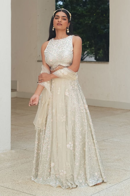 Pooja Bagaria_Silver Silk Sequins, Embroidery Round Neck Mesh Lehenga Set _Online_at_Aza_Fashions