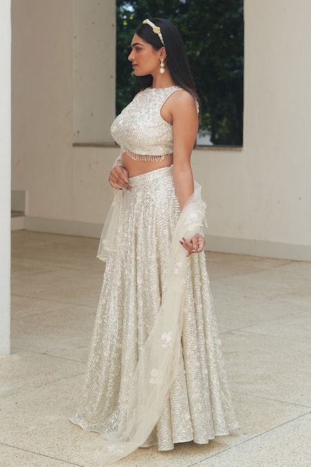 Buy_Pooja Bagaria_Silver Silk Sequins, Embroidery Round Neck Mesh Lehenga Set _Online_at_Aza_Fashions
