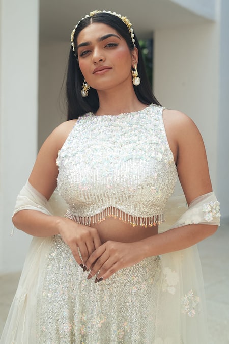 Shop_Pooja Bagaria_Silver Silk Sequins, Embroidery Round Neck Mesh Lehenga Set _Online_at_Aza_Fashions