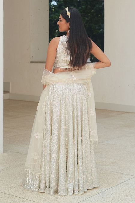 Pooja Bagaria Silver Sequin Mesh Lehenga Set 