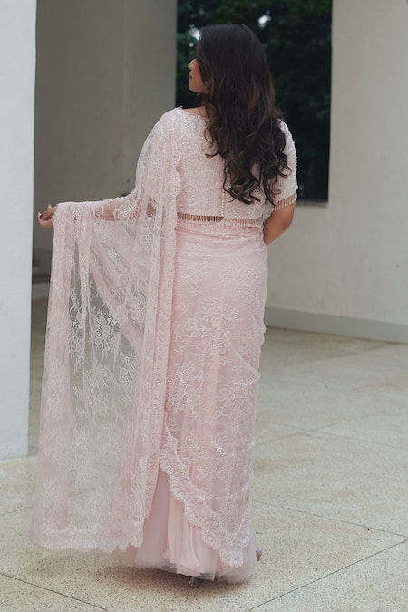 Pooja Bagaria Pastel Pink Chantilly Sequin Lehenga Saree 