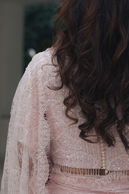 Shop_Pooja Bagaria_Pink Net Sequins Round Neck Pastel Chantilly Lehenga Saree _Online_at_Aza_Fashions