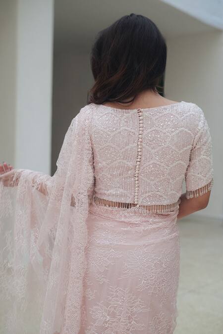 Pooja Bagaria_Pink Net Sequins Round Neck Pastel Chantilly Lehenga Saree _at_Aza_Fashions