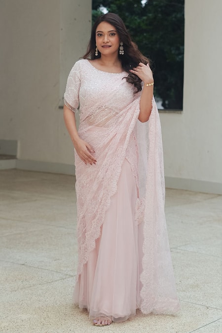 POOJA BAGARIA Pastel Pink Chantilly Sequin Lehenga Saree 