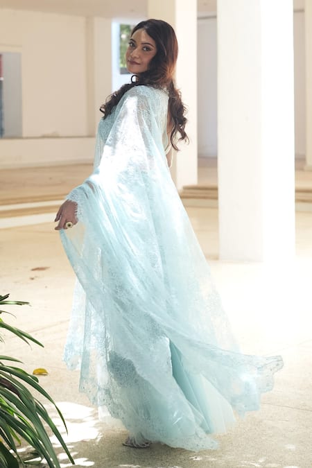 Buy_Pooja Bagaria_Blue Net Sequins, Lace, Embroidery Round Neck Powder Chantilly Lehenga Saree _Online_at_Aza_Fashions