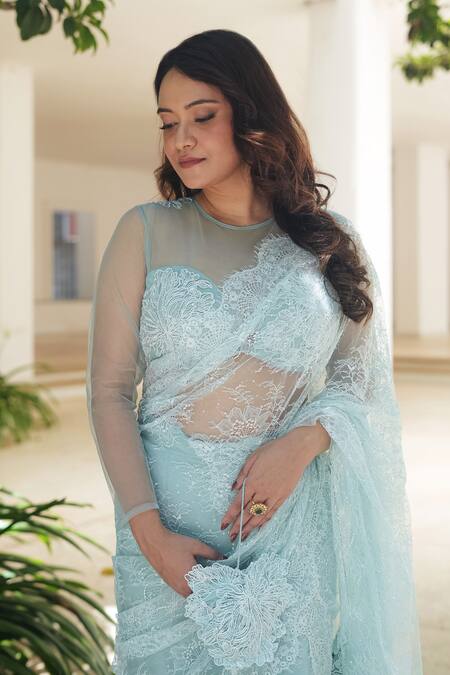Shop_Pooja Bagaria_Blue Net Sequins, Lace, Embroidery Round Neck Powder Chantilly Lehenga Saree _Online_at_Aza_Fashions