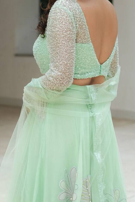 Pooja Bagaria_Green Organza, Net Sequins, Embroidery Round Neck Pastel Glitter Palazzo Set _Online_at_Aza_Fashions