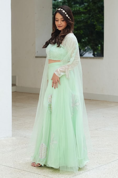 Buy_Pooja Bagaria_Green Organza, Net Sequins, Embroidery Round Neck Pastel Glitter Palazzo Set _Online_at_Aza_Fashions