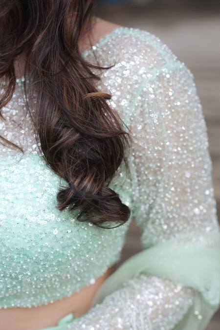 Shop_Pooja Bagaria_Green Organza, Net Sequins, Embroidery Round Neck Pastel Glitter Palazzo Set _Online_at_Aza_Fashions