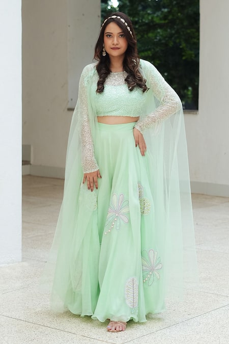 Pooja Bagaria Green Organza, Net Sequins, Embroidery Round Neck Pastel Glitter Palazzo Set 