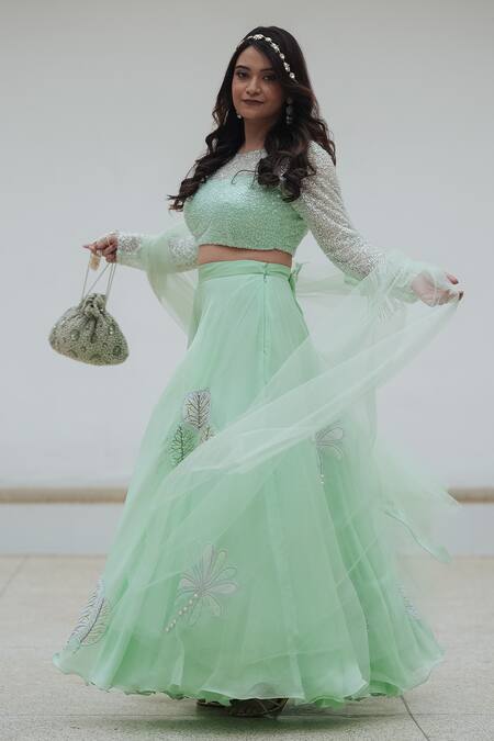Buy_Pooja Bagaria_Green Organza, Net Sequins, Embroidery Round Neck Pastel Glitter Palazzo Set 