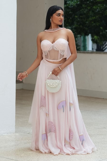 Pooja Bagaria Pink Organza Lace, Embroidery Sweetheart Neck Pastel Corset Fusion Set