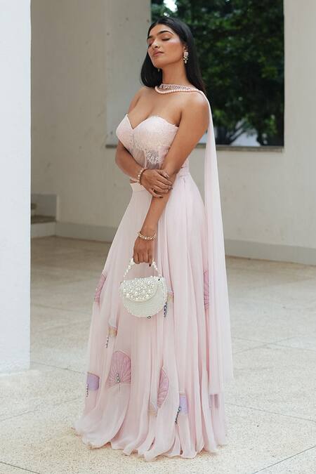 Pooja Bagaria_Pink Organza Lace, Embroidery Sweetheart Neck Pastel Corset Fusion Set _Online_at_Aza_Fashions