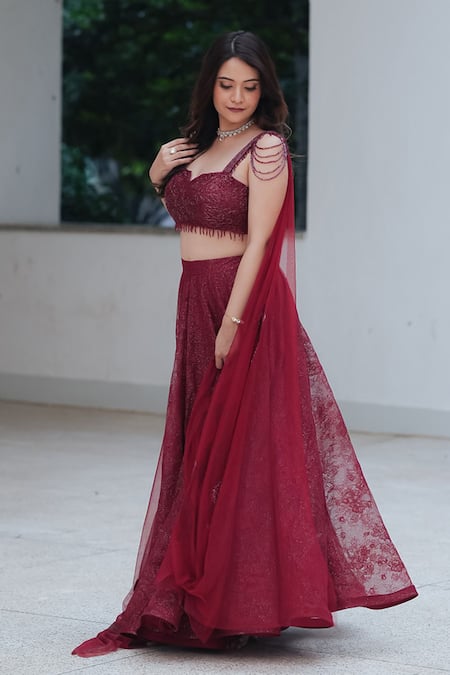 Pooja Bagaria_Maroon Sequins, Crystals, Embroidery Sweetheart Neck Chantilly Lehenga Set _Online_at_Aza_Fashions