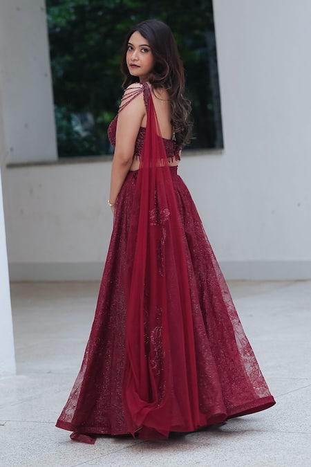 Buy_Pooja Bagaria_Maroon Sequins, Crystals, Embroidery Sweetheart Neck Chantilly Lehenga Set _Online_at_Aza_Fashions