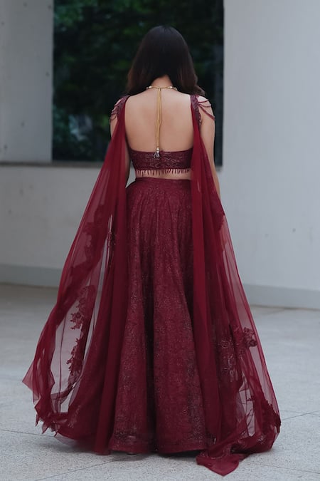 Pooja Bagaria Maroon Chantilly Crystal Lehenga Set 