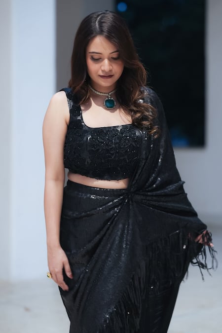 Pooja Bagaria_Black Sequins Square Neck Matt Fringe Draped Saree _Online_at_Aza_Fashions