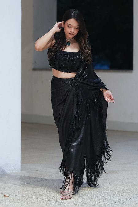 Buy_Pooja Bagaria_Black Sequins Square Neck Matt Fringe Draped Saree _Online_at_Aza_Fashions