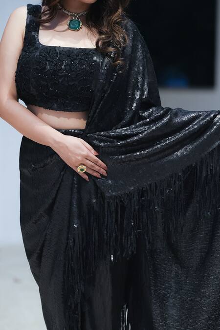 Shop_Pooja Bagaria_Black Sequins Square Neck Matt Fringe Draped Saree _Online_at_Aza_Fashions