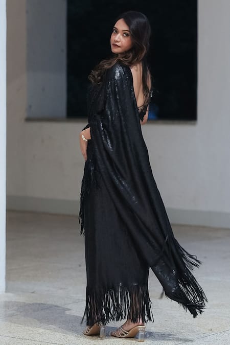 Pooja Bagaria Matt Black Fringe Sequin Draped Saree 