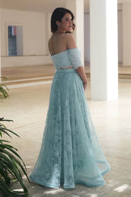 Pooja Bagaria_Blue Lace, Net Sequins, Embroidery Off-shoulder Powder Off Skirt Set _Online_at_Aza_Fashions