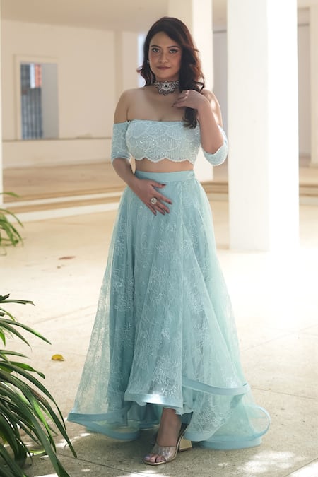 Buy_Pooja Bagaria_Blue Lace, Net Sequins, Embroidery Off-shoulder Powder Off Skirt Set _Online_at_Aza_Fashions