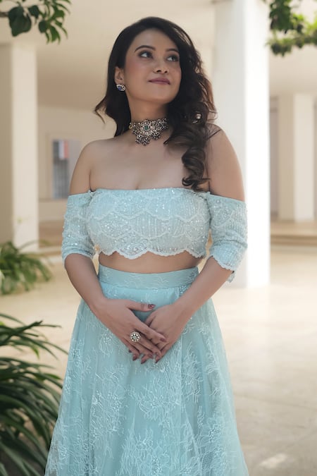 Shop_Pooja Bagaria_Blue Lace, Net Sequins, Embroidery Off-shoulder Powder Off Skirt Set _Online_at_Aza_Fashions