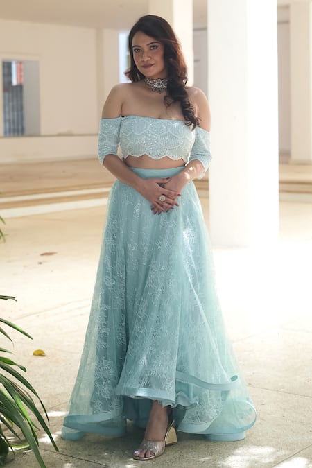 Pooja Bagaria Blue Lace, Net Sequins, Embroidery Off-shoulder Powder Off Skirt Set