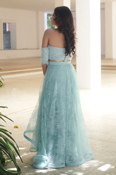 Pooja Bagaria Powder Blue Off Shoulder Skirt Set 