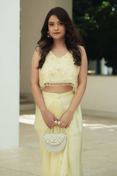Pooja Bagaria_Yellow Organza, Satin Fringe, Embroidery Pastel Monotone Draped Skirt Set _Online_at_Aza_Fashions