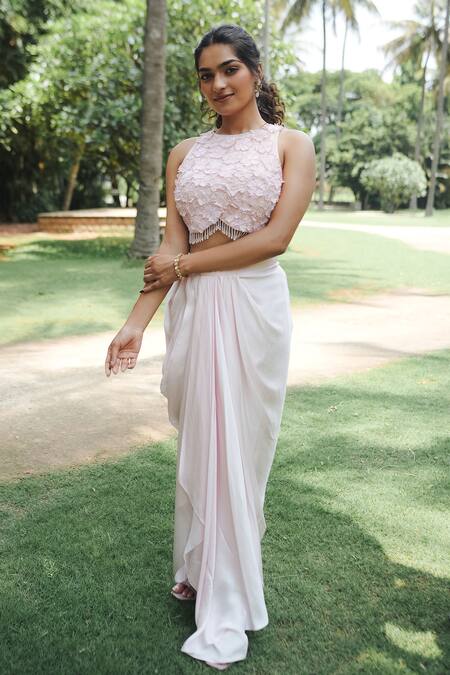 Buy_Pooja Bagaria_Pink Satin Embroidery Round , Keyhole Pastel Monotone Draped Skirt Set _Online_at_Aza_Fashions