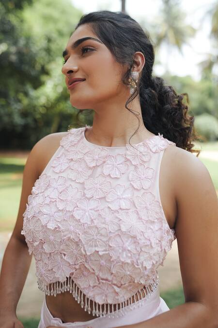 Shop_Pooja Bagaria_Pink Satin Embroidery Round , Keyhole Pastel Monotone Draped Skirt Set _Online_at_Aza_Fashions