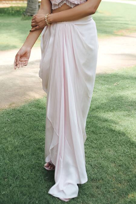 Buy_Pooja Bagaria_Pink Satin Embroidery Round , Keyhole Pastel Monotone Draped Skirt Set 