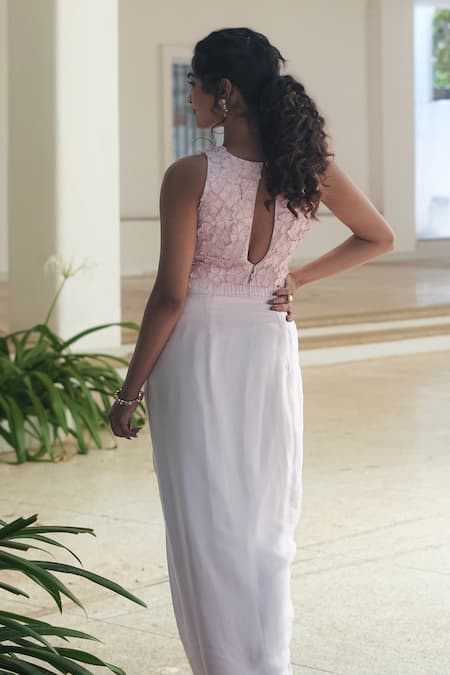 Pooja Bagaria Pastel Pink Monotone Draped Skirt Set 