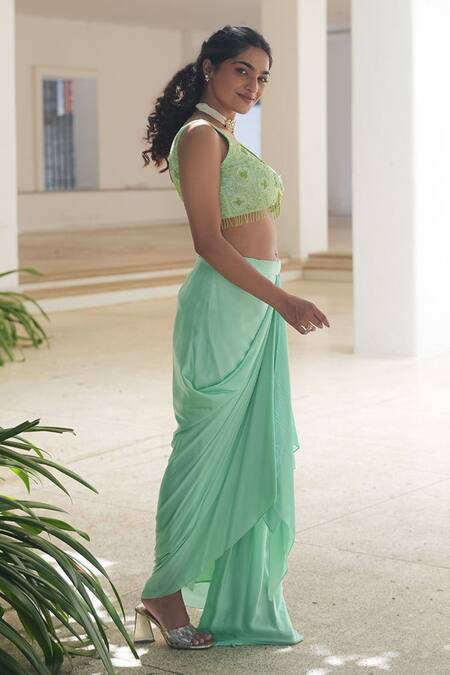 Shop_Pooja Bagaria_Mint Satin Sequins, Beads V-neck Green Monotone Draped Skirt Set _Online_at_Aza_Fashions