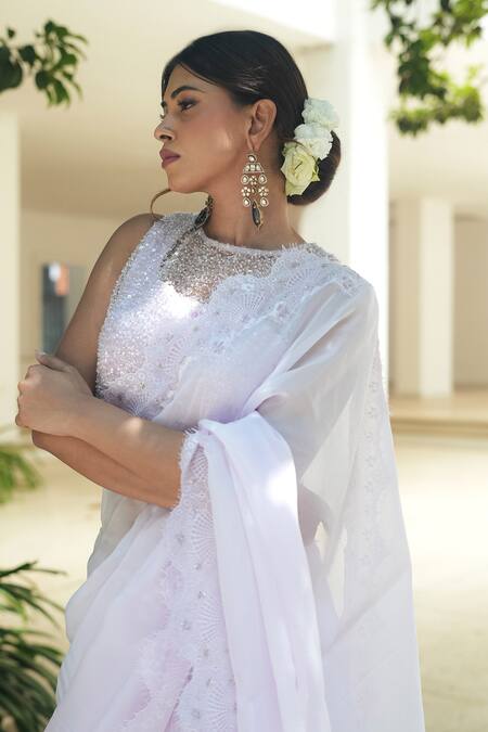 Pooja Bagaria_Lavender Organza Sequins, Embroidery, Beads Round Neck Chantilly Saree Set _Online_at_Aza_Fashions